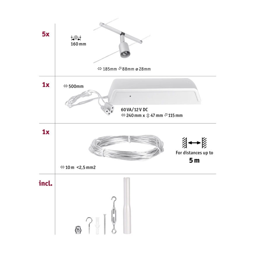 Paulmann 94442 - SET 5xGU5,3/10W Sistema a cavo completo SALT 230V cromo opaco