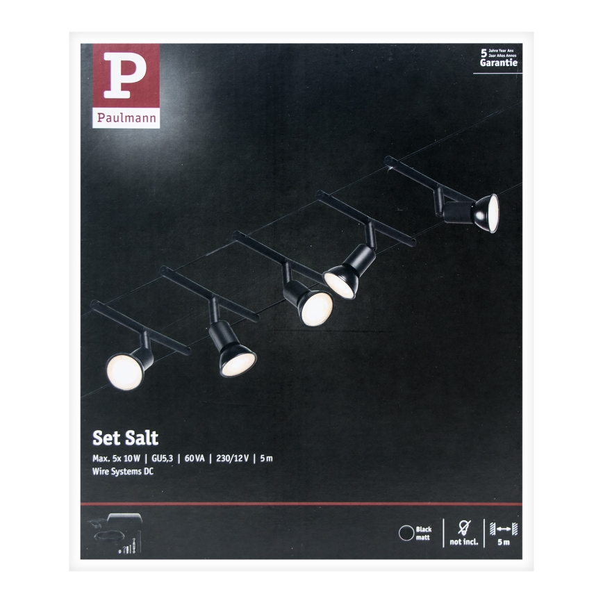 Paulmann 94446 - SET 5xGU5,3/10W Sistema a cavo completo SALT 230V nero