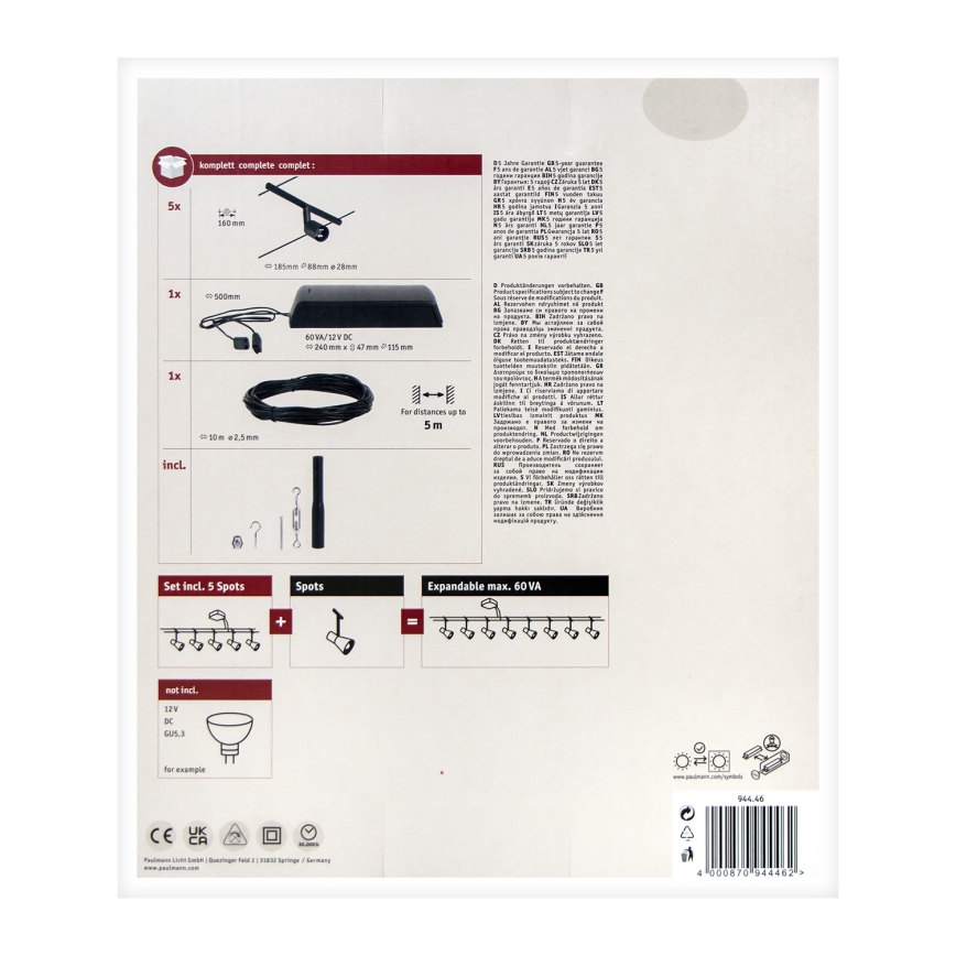 Paulmann 94446 - SET 5xGU5,3/10W Sistema a cavo completo SALT 230V nero