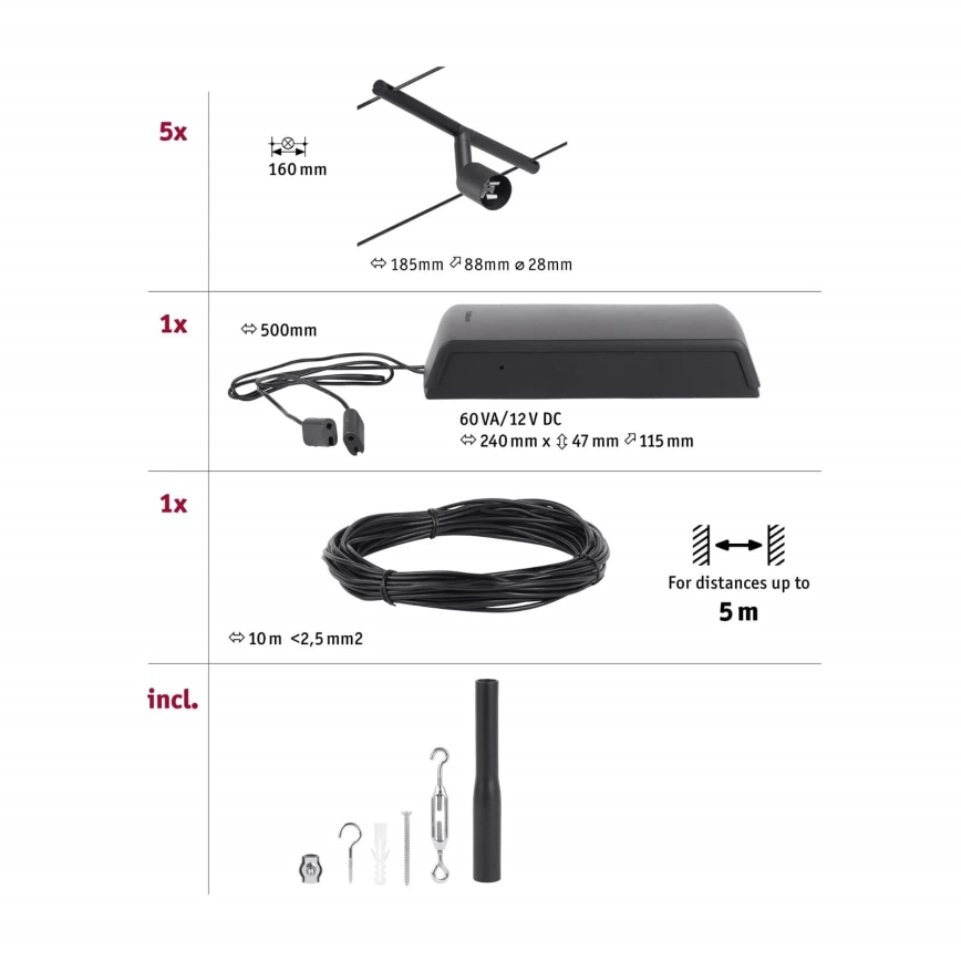 Paulmann 94446 - SET 5xGU5,3/10W Sistema a cavo completo SALT 230V nero