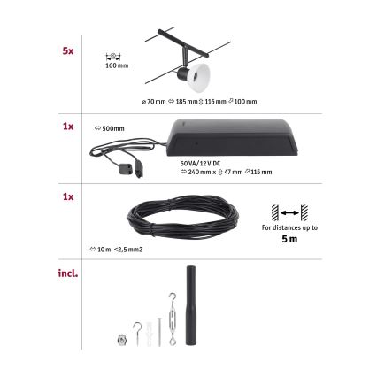 Paulmann 94450 - Set 5x GU5,3/10W Sistema completo a cavo SHEELA 230V nero
