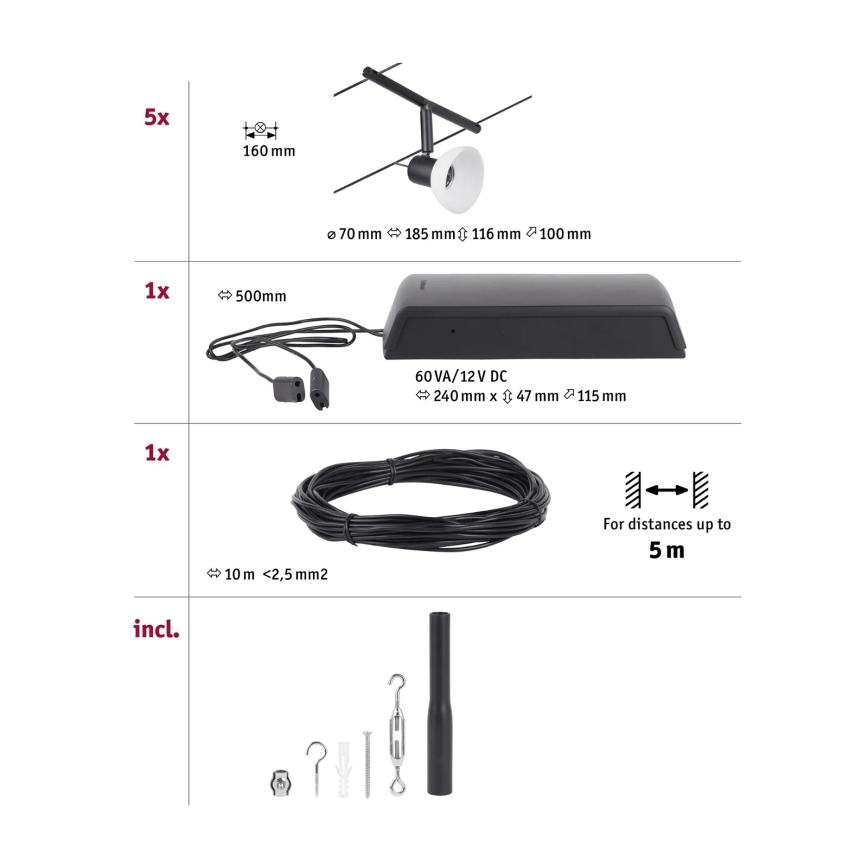Paulmann 94450 - Set 5x GU5,3/10W Sistema completo a cavo SHEELA 230V nero