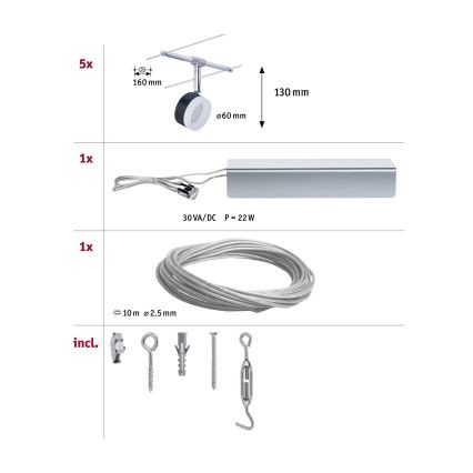 Paulmann 94457 - SET 5x LED da 4W Sistema completo a cavo CLEAR 230V nero/cromo lucido
