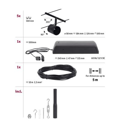 Paulmann 94469 - Kit 5×GU5,3/10W Sistema a cavo completo CUP 230V nero