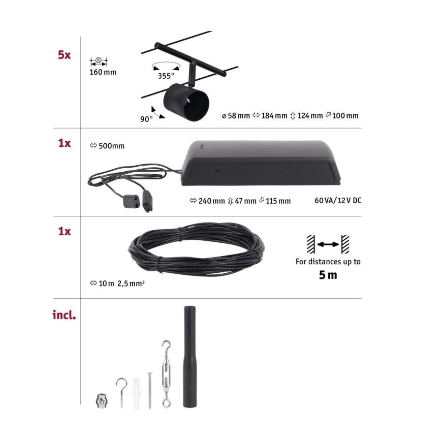 Paulmann 94469 - Kit 5×GU5,3/10W Sistema a cavo completo CUP 230V nero