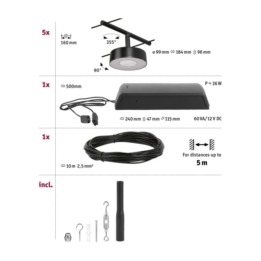 Paulmann 94479 - Kit 5xLED/5W Sistema completo a cavo CIRCLE 230V nero