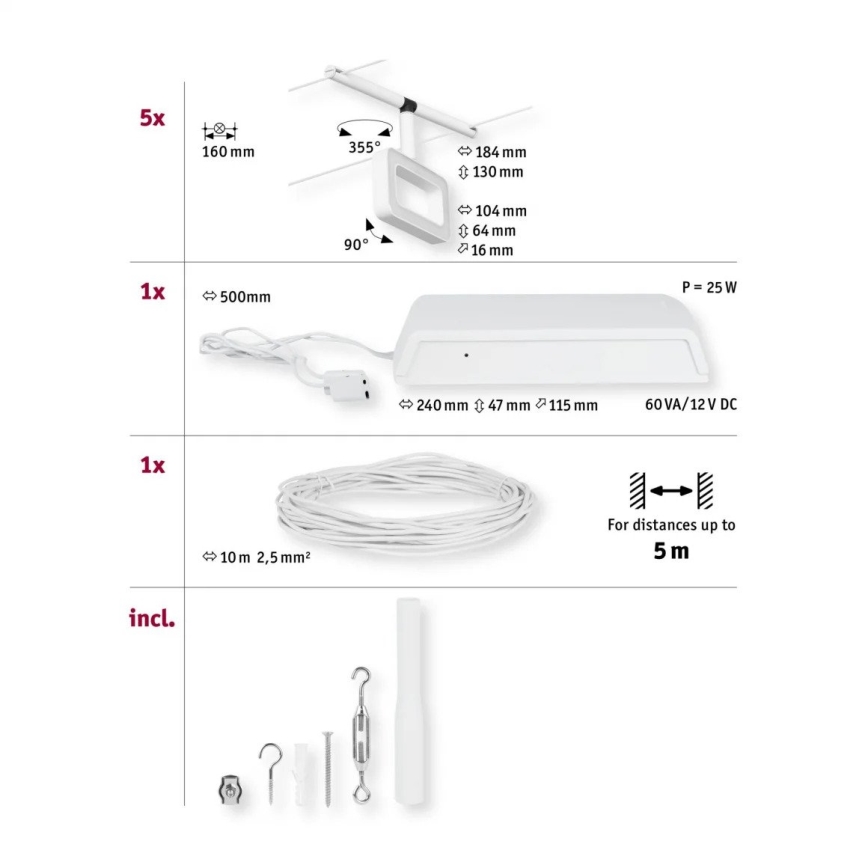 Paulmann 94483 - KIT 5xLED/4,8W Sistema completo a cavo FRAME 230V bianco