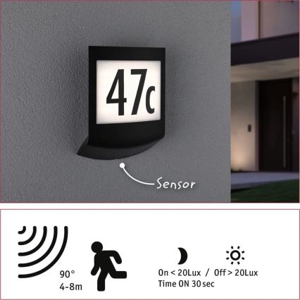 Paulmann 94513 - LED RGBW/8,2 W IP44 dimmerabile, illuminazione per numero civico con sensore di movimento e crepuscolare PADEA 230V antracite