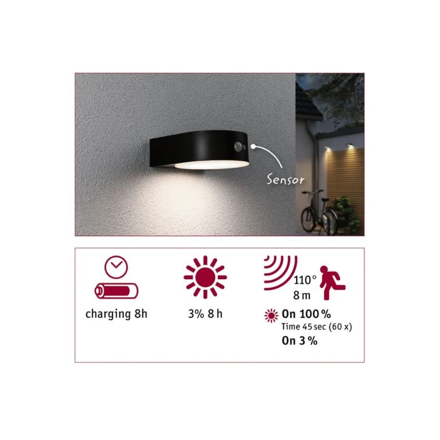 Paulmann 94570 - LED/5,5W IP44 Applique solare con sensore EILEEN 3,7V 2000 mAh