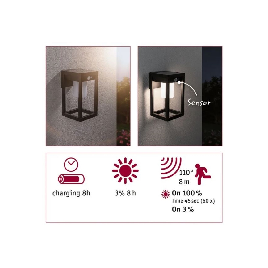 Paulmann 94572 -LED/5,5W IP44 Applique solare con sensore MARISOL 3,7V 2000 mAh