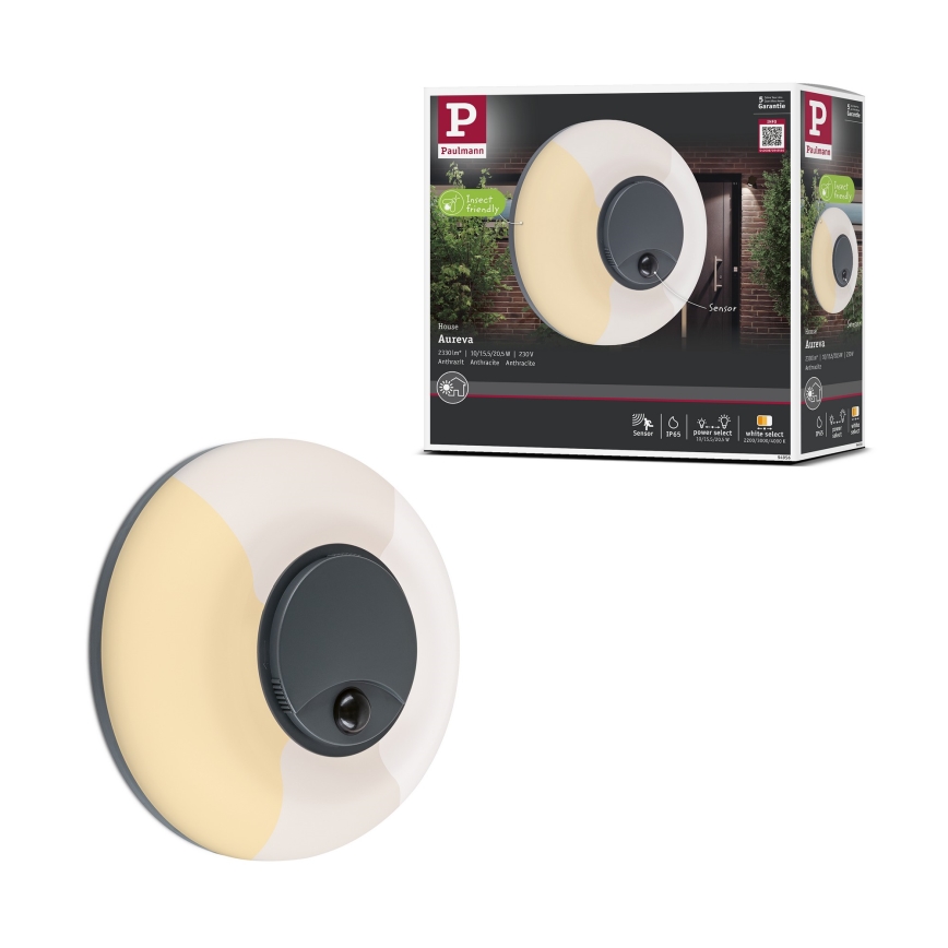 Paulmann 94956 - LED/20,5W IP65 Applique da esterno dimmerabile con sensore di movimento e sensore crepuscolare AUREVA 230V 2200/3000/4000K antracite