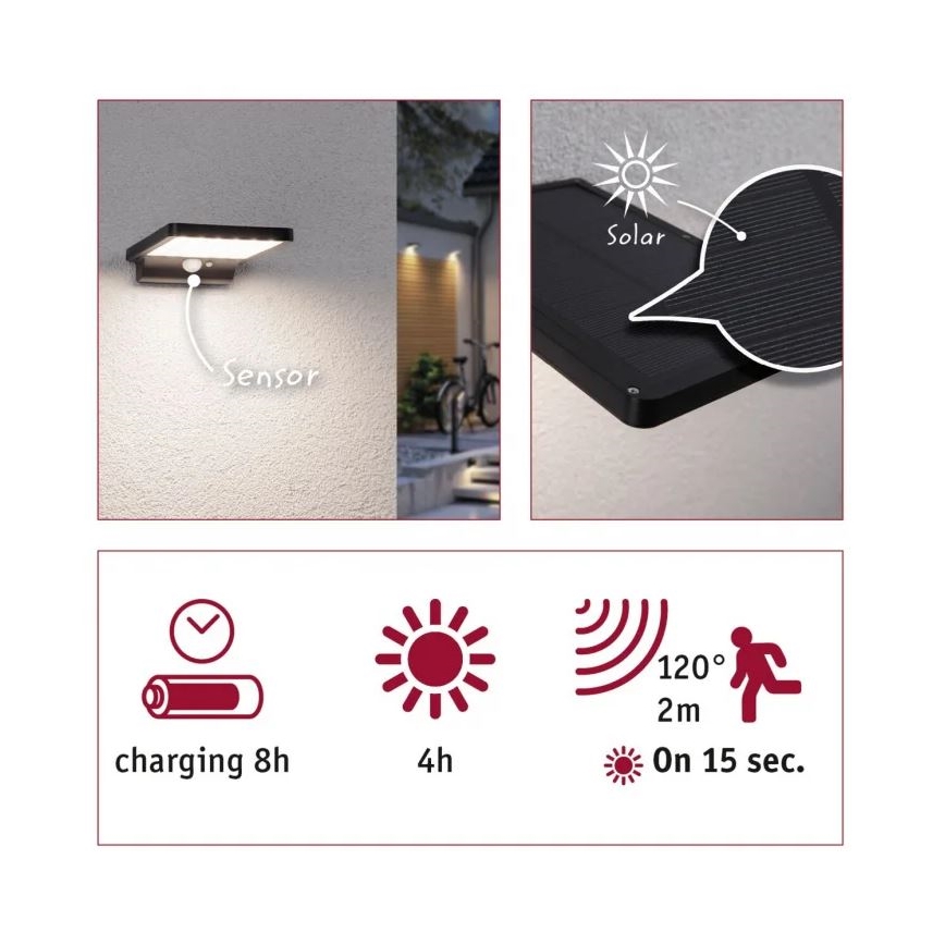 Paulmann 95393 - LED/4W IP44 Applique solare dimmerabile con sensore SOLVEIG 3,7V 2000 mAh