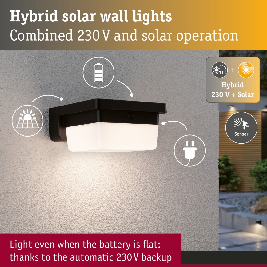 Paulmann 95748 - LED/2,3W IP44 Lampada da parete solare con sensore ISLEEN 3,7/230V 4000 mAh nera