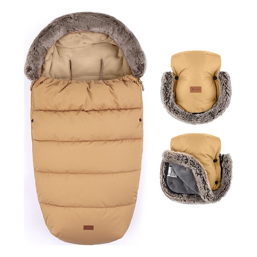 PETITE&MARS - SET Coprigambe per bambini 4in1 COMFY + stroller mano muffs FURRY Elegant Caramel