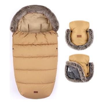 PETITE&MARS - SET Sacco a pelo per bambini 4 in 1 COMFY + copri-mani per passeggino FURRY Elegante Caramello