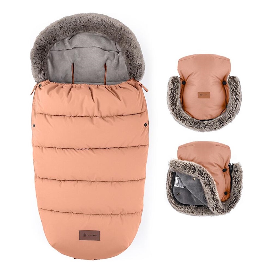 PETITE&MARS - SET Sacco a pelo per bambini 4 in 1 COMFY + copri-mani per passeggino FURRY Pastel Peach