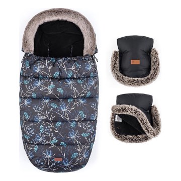 PETITE&MARS - SET Sacco a pelo per bambini 4 in 1 COMFY Stylish Beauty + manopole per passeggino FURRY Forever Black