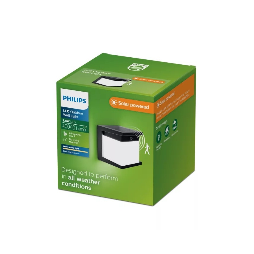 Philips - Lampada da parete solare a LED con sensore DIARA LED/3,8W/3,7V 800 mAh 2700K IP44 nero