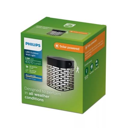 Philips - Lampada da parete solare con sensore HARA LED/3,8W/3,7V 800 mAh 2700K IP44 nera
