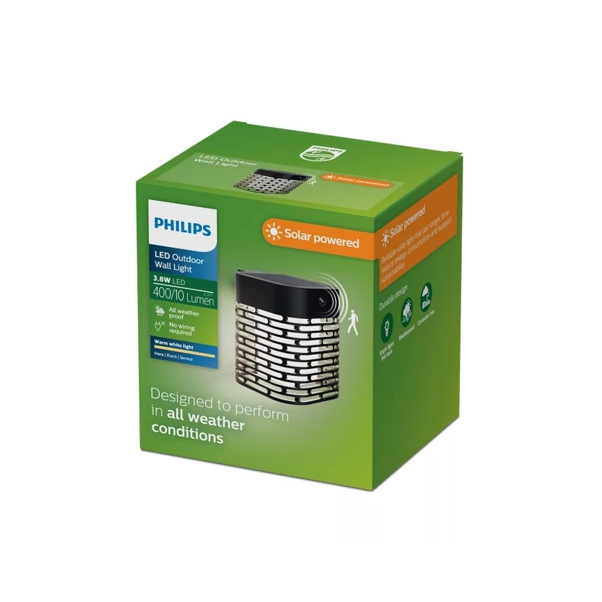 Philips - Lampada da parete solare con sensore HARA LED/3,8W/3,7V 800 mAh 2700K IP44 nera