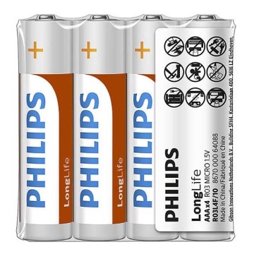 Philips R03L4F/10 - 4 pezzi Batteria zinco-cloruro AAA LONGLIFE 1,5V 450mAh