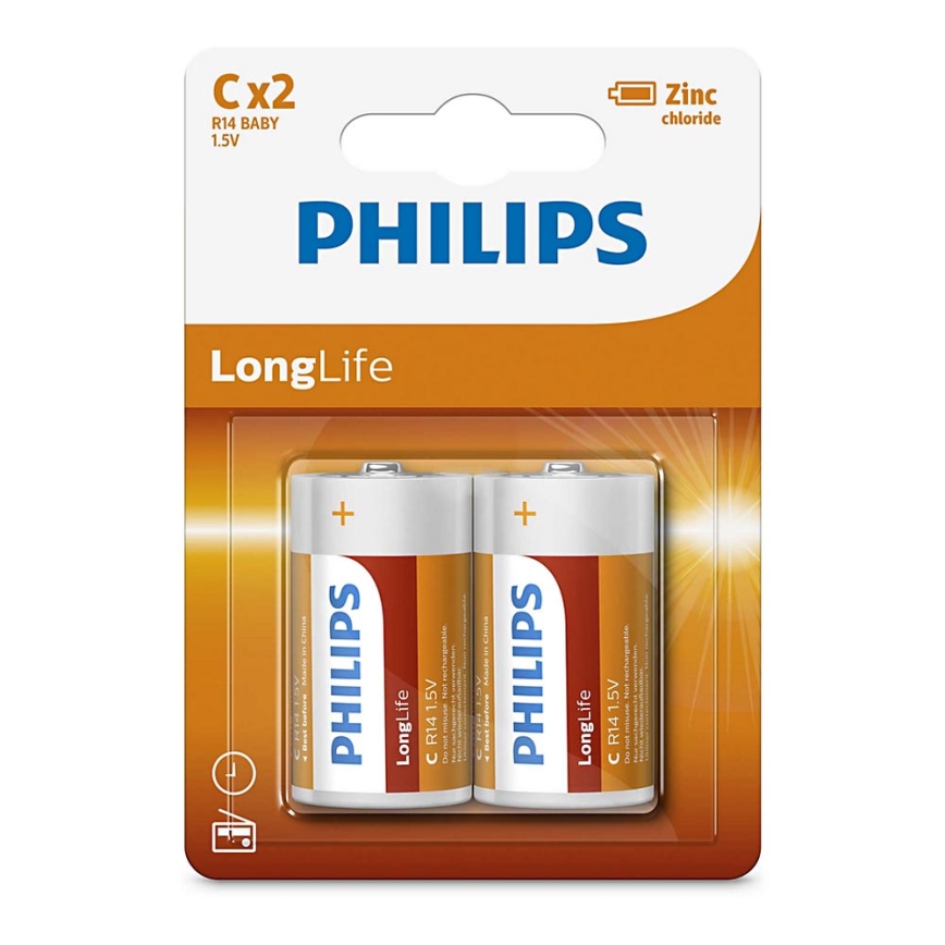 Philips R14L2B/10 - 2 pz Batteria al cloruro di zinco C LONGLIFE 1,5V 2800mAh