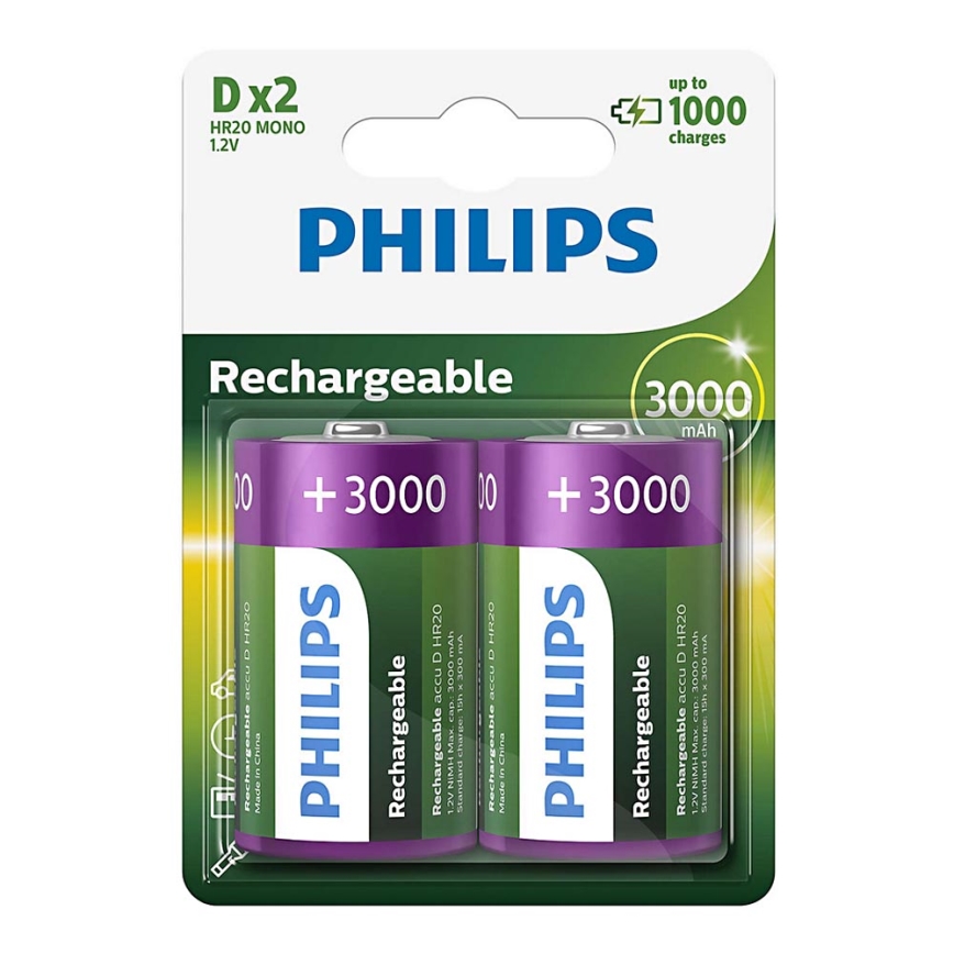 Philips R20B2A300/10 - 2 pz Batteria ricaricabile D MULTILIFE NiMH/1,2V/3000 mAh