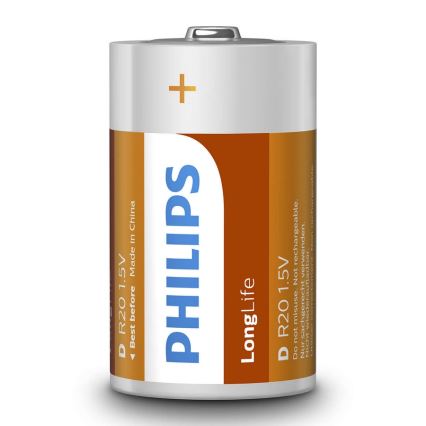 Philips R20L2B/10 - 2 pz Batteria al cloruro di zinco D LONGLIFE 1,5V 5000mAh