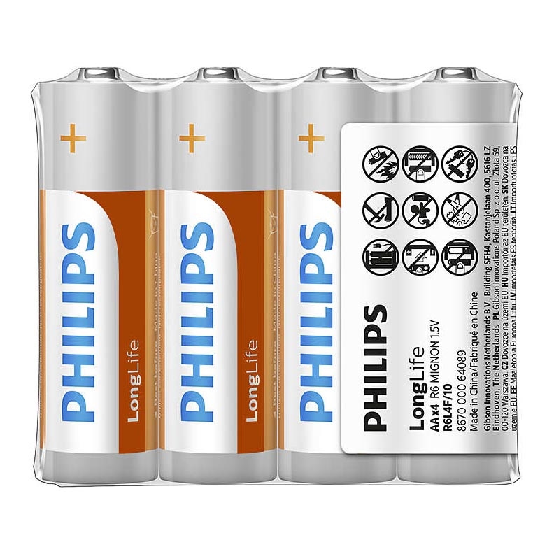 Philips R6L4F/10 - 4 pezzi Batteria zinco-cloruro AA LONGLIFE 1,5V 900mAh