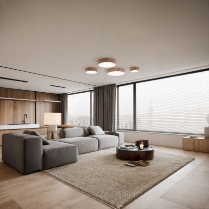 Plafoniera CLEO con sensore di movimento e crepuscolare 6xE27/24W/230V Ø 80 cm rovere