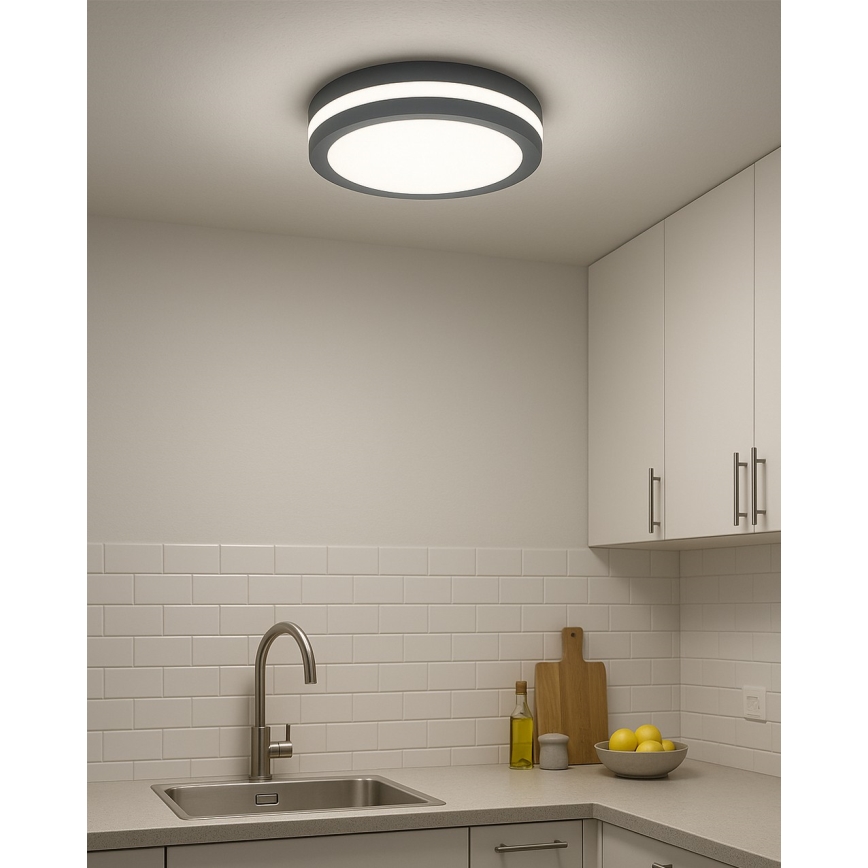 Plafoniera LED per bagno con sensore di movimento, 20W/230V, 3000/4000/6500K, Ø 23 cm, IP54, antracite