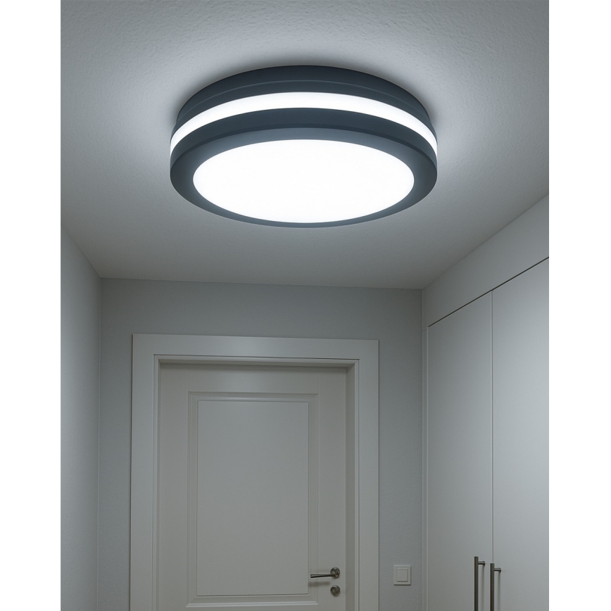 Plafoniera LED per bagno con sensore di movimento, 20W/230V, 3000/4000/6500K, Ø 23 cm, IP54, antracite