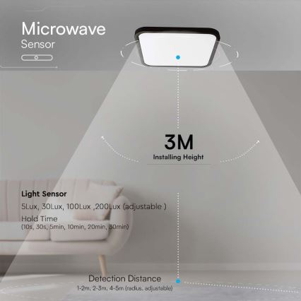 Plafoniera LED da bagno con sensore LED/18W/230V 4000K IP44 29,5x29,5 cm nero + telecomando