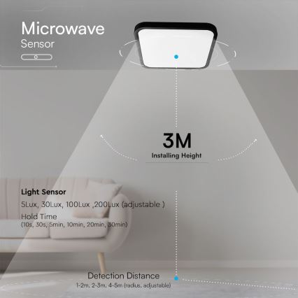 Plafoniera LED da bagno con sensore SAMSUNG CHIP LED/36W/230V IP44 4000K 42x42 cm nero + telecomando