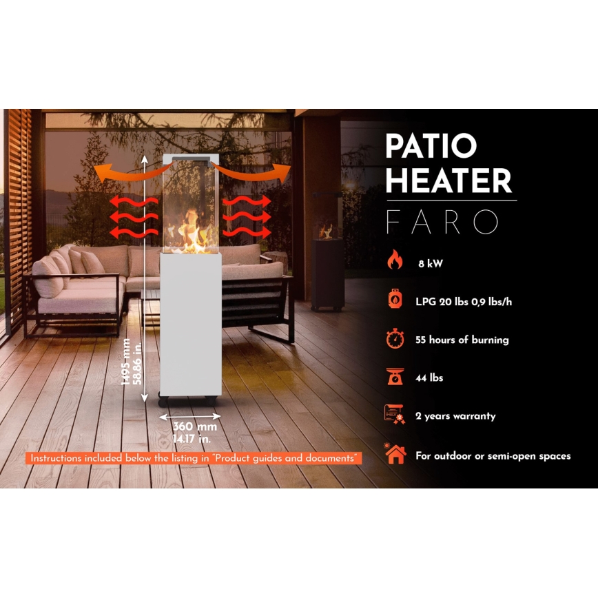 Planika Faro GAS - Caminetto a gas da esterno 142x36 cm 8kW bianco + coperchio di protezione