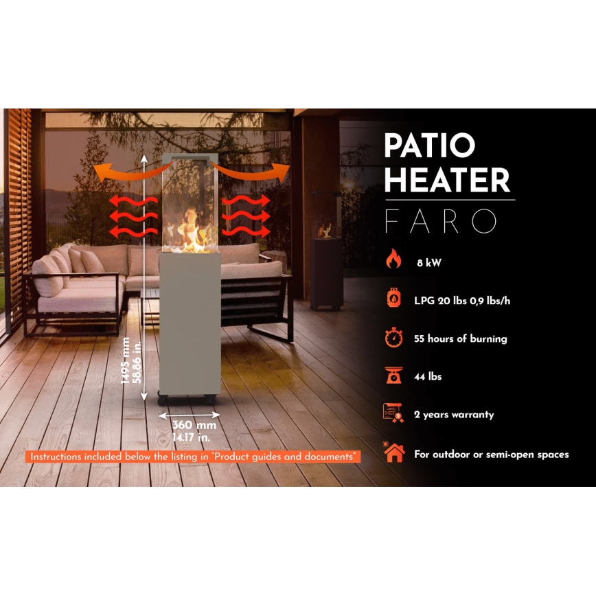 Planika Faro GAS - Caminetto a gas da esterno 142x36 cm 8kW grigio + coperchio di protezione