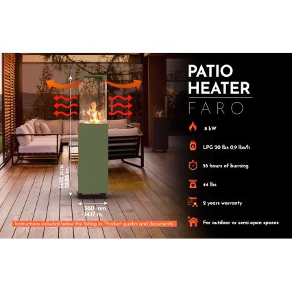 Planika Faro GAS - Caminetto a gas da esterno 142x36 cm 8kW verde + coperchio di protezione