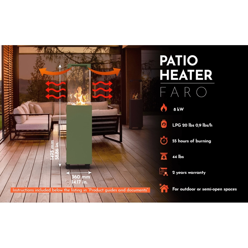 Planika Faro GAS - Caminetto a gas da esterno 142x36 cm 8kW verde + coperchio di protezione