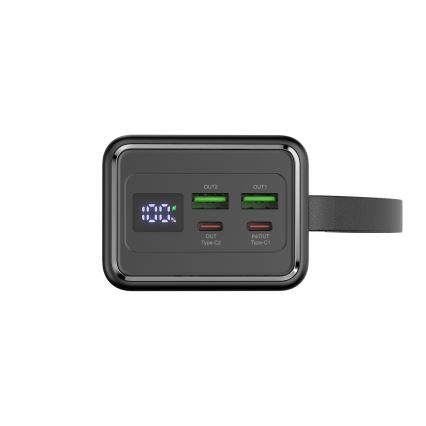 Power Bank 40000 mAh 65W Power Delivery 2xUSB-A + 2xUSB-C con Torcia LED con gancio e magnete e USB-C cavo 1m nero