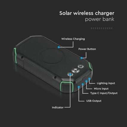 Power Bank solare con torcia elettrica Power Delivery 30000mAh/20W/5V nero