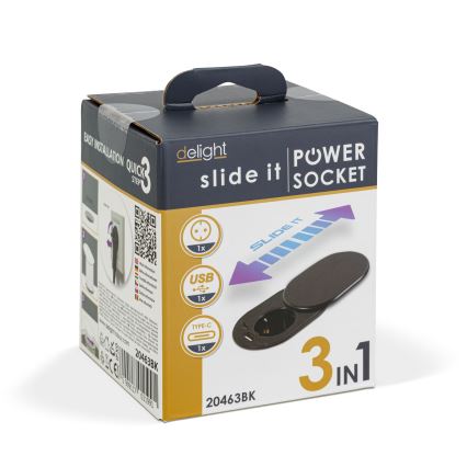 Presa da incasso con sportello scorrevole 1 presa + USB-C + USB-A nera
