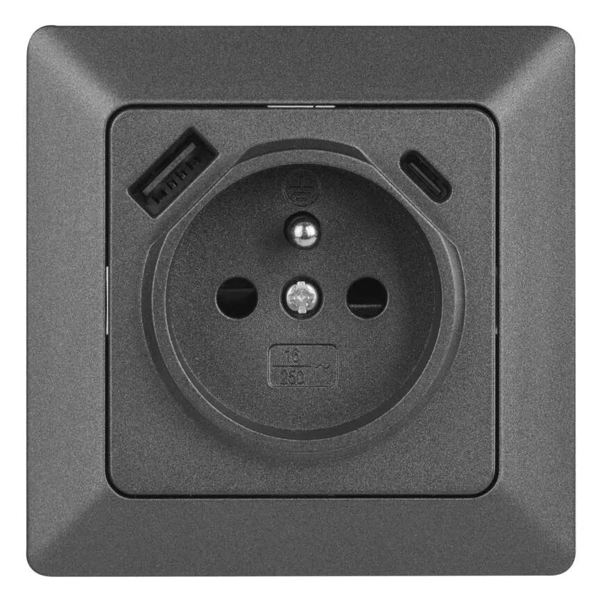 Presa da parete domestica tipo francese con USB-A+USB-C, 250V/16A, antracite