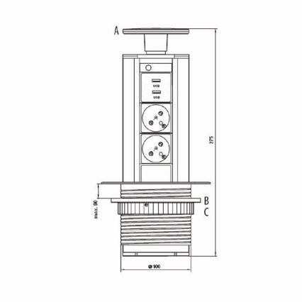 Presa di collegamento per piano tavolo 2x230V +USB-A 3,1A +UBS-C 15,5W 230V