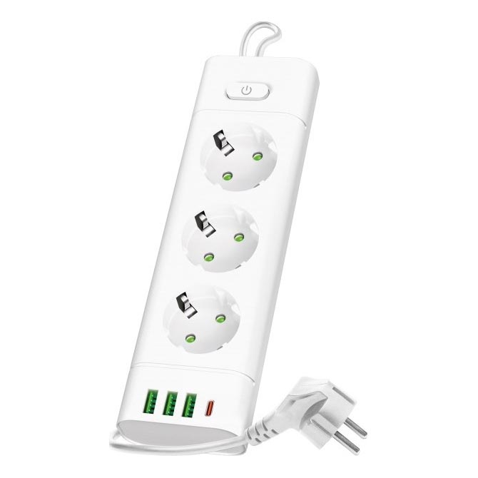 Presa multipla con interruttore LINEA PRO 3x230V + 3xUSB-A + 1xUSB-C SCHUKO 3 m bianco