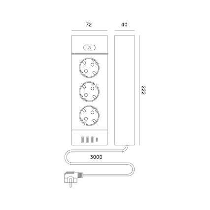 Presa multipla con interruttore LINEA PRO 3x230V + 3xUSB-A + 1xUSB-C SCHUKO 3 m bianco