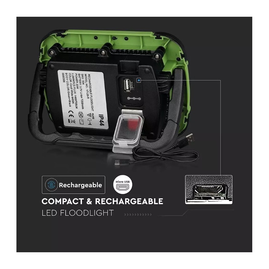 Proiettore LED dimmerabile ricaricabile SAMSUNG CHIP + funzione SOS LED/10W/3,7V/USB IP44 4000K 3600 mAh verde