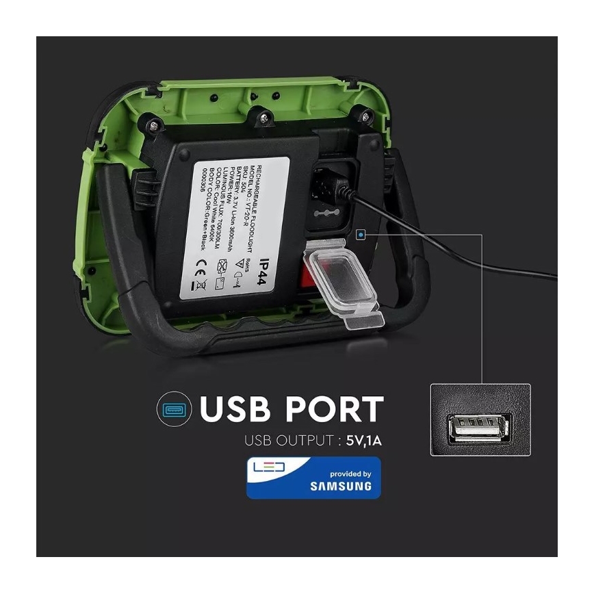 Proiettore LED dimmerabile ricaricabile SAMSUNG CHIP + funzione SOS LED/10W/3,7V/USB IP44 4000K 3600 mAh verde