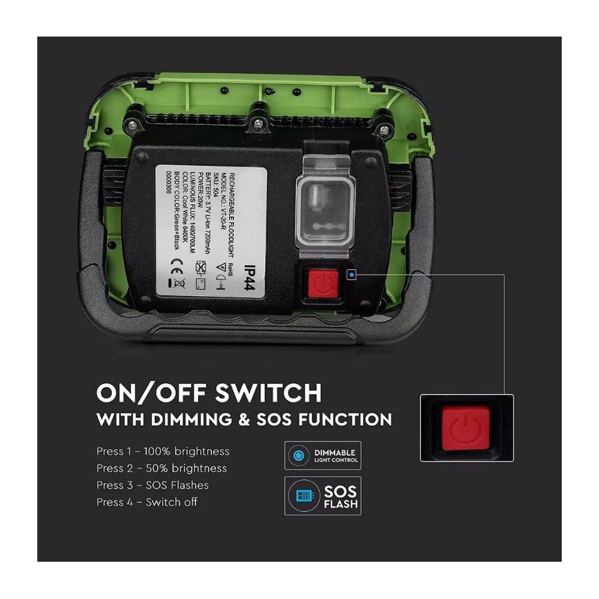 Proiettore LED dimmerabile ricaricabile SAMSUNG CHIP + funzione SOS LED/10W/3,7V/USB IP44 4000K 3600 mAh verde