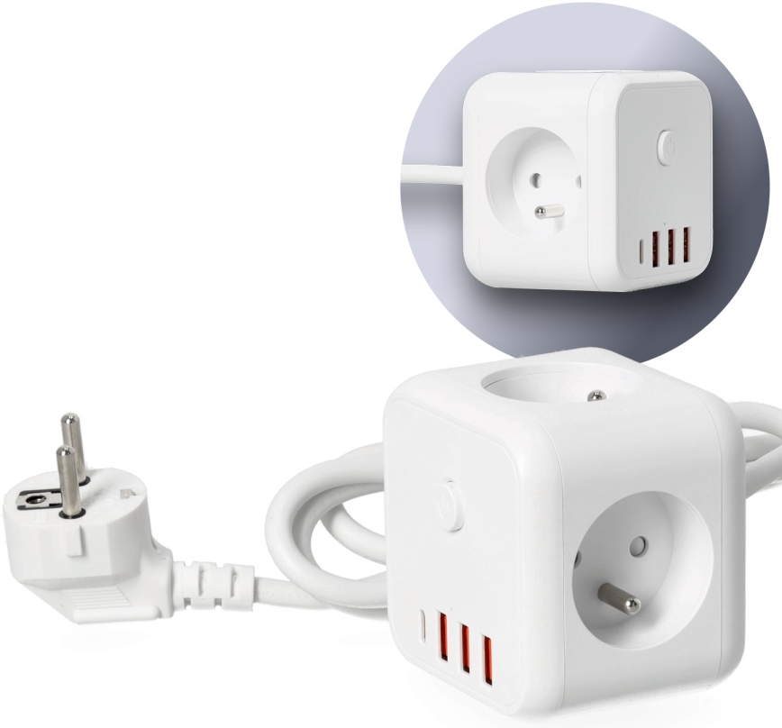 Prolunga cubo con interruttore LINEA 3x230V + 4xUSB A/C bianco