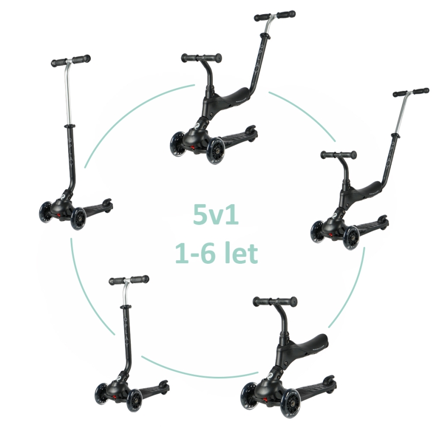 QPlay - Monopattino per bambini con ruote LED 5 in 1 SEMA PRO nero